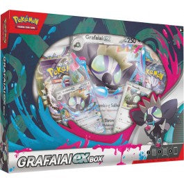 Unleash a Toxic Torrent-with Grafaiai ex! If you notice a colorful pattern painted on tree trunks as you walk through the forest, you might have wandered into Grafaiais territory! This Toxic Monkey Pokemon makes use of its poisonous saliva to take its opponents down in battle. Youll find Grafaiai ex here as a foil promo card in playable and oversize versions, along with the Toxic Mouse Pokemon Shroodle. The Pokemon TCG: Grafaiai ex Box includes: - 1 foil promo card featuring Grafaiai ex - 1 foil promo card