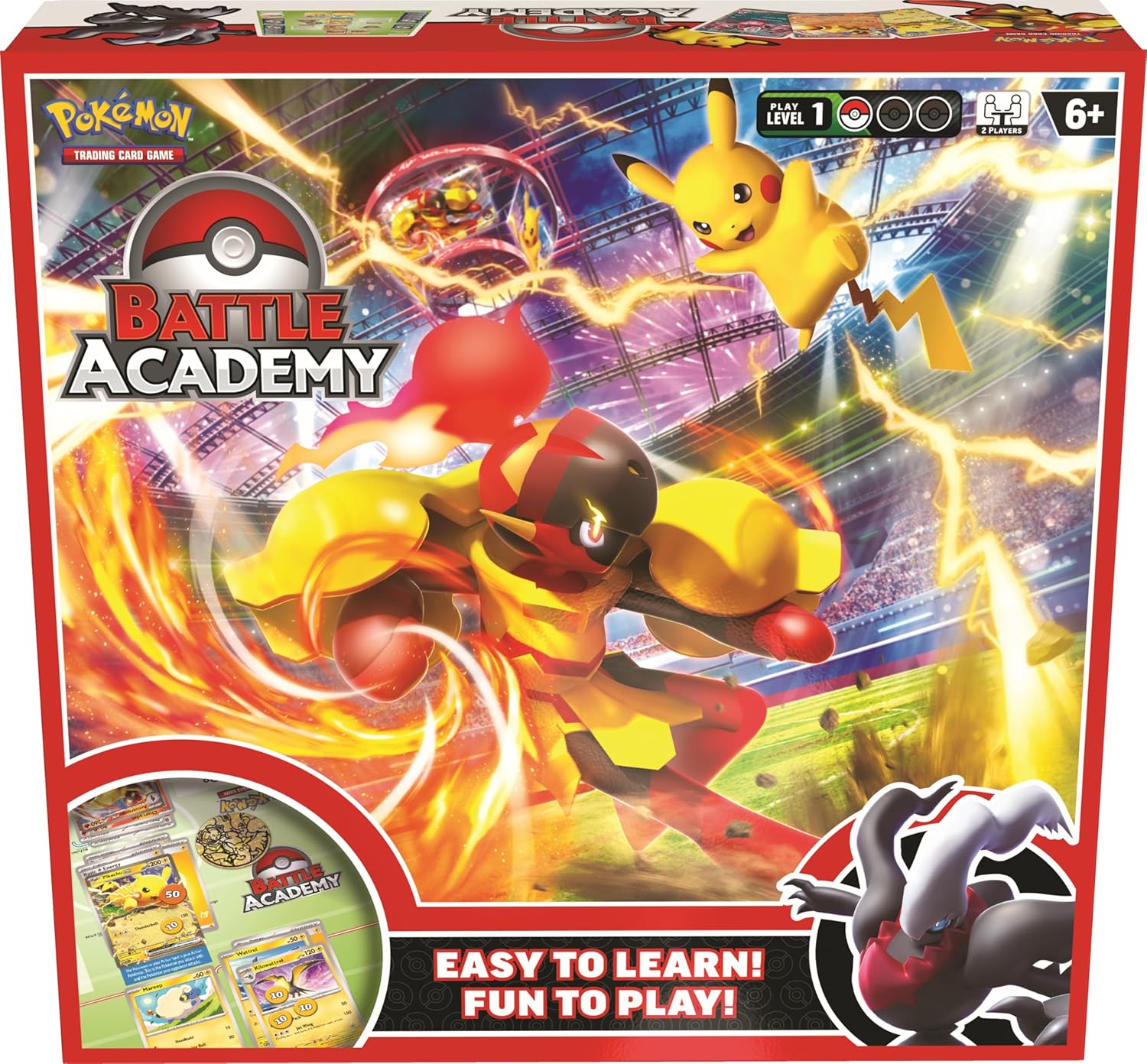 Join the Pokemon Trainers at the Battle Academy! Prepare for a Pokemon battle with the ready-to-play Pokemon Trading Card Game Battle Academy. The Battle Academy includes everything two players need to play, with guides to the decks so your first game is easy to follow. You can choose Armarouge or Pikachu to lead your team in a heads-up battle against another Trainer. Then, switch up the decks to play Darkrai against Armarouge or Pikachu, and lead a different team of Pokemon into the arena! With a little st