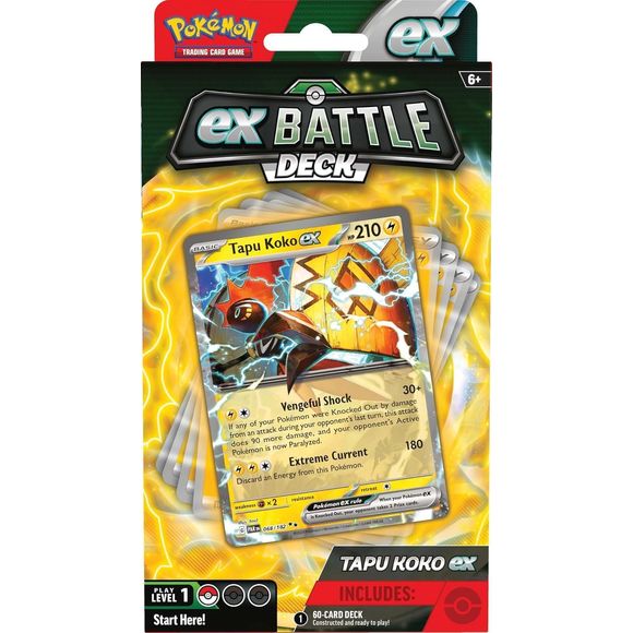 Mighty Pokemon ex Battle for Victory! Powerful Pokemon ex are ready to charge onto the battlefield in the new Pokemon TCG: ex Battle Decks! Each 60-card deck is led by an exceptional Pokemon ex and includes everything you need to play right away. Let the battle begin! In each box, you"ll find: 1 ready-to-play 60-card deck, 3 reference cards, 1 rules booklet,1 single-player playmat, 1 set of damage counters, 1 large metallic coin, 1 deck box, 1 strategy sheet, and 1 code card to play this deck online