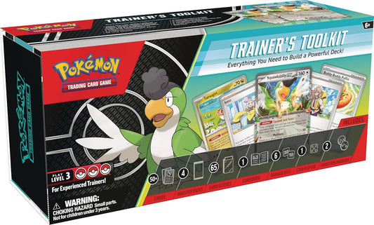 The Pokémon TCG: Trainer’s Toolkit includes more than 50 useful cards to power up your decks: dozens of Trainer cards, 4 Special Energy cards, and 6 Pokémon, including 2 copies of Squawkabilly ex.
The Pokémon TCG: Trainer’s Toolkit also comes with 4 Pokémon TCG booster packs, 65 card sleeves, and a Deck Builder’s Guide.
You will also receive 6 damage-counter dice, 1 competition-legal coin-flip die, and 2 condition markers.
This also comes with a code card for Pokémon TCG Live.