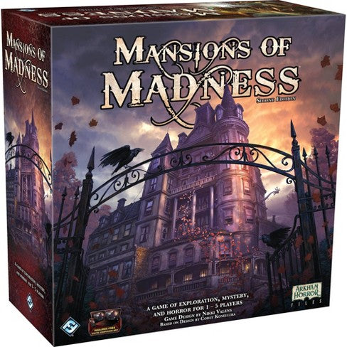 Mansions of Madness Second Edition is a fully cooperative board game of horror and mystery for one to five players that takes place in the same universe as Eldrich Horror and Elder Sign. Explore the veiled and misty streets of Innsmouth and stumble through the haunted corridors of Arkham’s cursed mansions as you search for answers and respite. Eight brave investigators stand ready to confront four scenarios of fear and mystery, collecting weapons, tools, and information, solving complex puzzles, and fightin