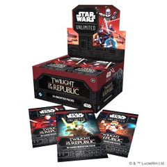 Enter a galaxy of endless possibilities in Star WarsTM: Unlimited! In this fast-paced, easy-to- learn trading card game, you and your opponent face off in exciting head-to-head battles full of iconic Star Wars characters. In this booster pack display for the game's third set, Twilight of the Republic, you'll find 24 individually wrapped booster packs. Each pack contains 9 common cards, 3 uncommon cards, 1 rare or legendary card, 1 leader, 1 base/token, and 1 foil card. The Twilight of the Republic set highl