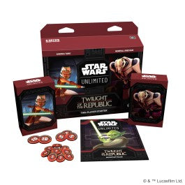 Enter a galaxy of endless possibilities in Star WarsTM: Unlimited! In this fast-paced, easy-to- learn trading card game, you and your opponent face off in exciting head-to-head battles full of iconic Star Wars characters. In the Two-Player Starter for the game's third set, Twilight of the Republic, you'll find two fully built, ready-to-play decks for you and a friend to dive in and start learning the game. Lead a coordinated assault as Ahsoka Tano or command armies of droids as General Grievous! The Twiligh