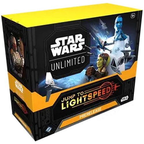 This product is a Presale item with an estimated shipping date of 3/14/2025.
In this box, you’ll find 6 Booster Packs and enough tokens and materials for you to launch your journey into the game’s fourth set. 
Contents:

• 6 Jump to Lightspeed Packs, each containing:

• 16 Star Wars: Unlimited Jump to Lightspeed cards
• 1 Rare or Legendary card
• 9 Common cards
• 3 Uncommon Cards
• 1 Leader Card
• 1 Base/Token
• 1 Foil Card