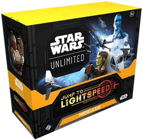 This product is a Presale item with an estimated shipping date of 3/14/2025.
In this box, you’ll find 6 Booster Packs and enough tokens and materials for you to launch your journey into the game’s fourth set. 
Contents:

• 6 Jump to Lightspeed Packs, each containing:

• 16 Star Wars: Unlimited Jump to Lightspeed cards
• 1 Rare or Legendary card
• 9 Common cards
• 3 Uncommon Cards
• 1 Leader Card
• 1 Base/Token
• 1 Foil Card
