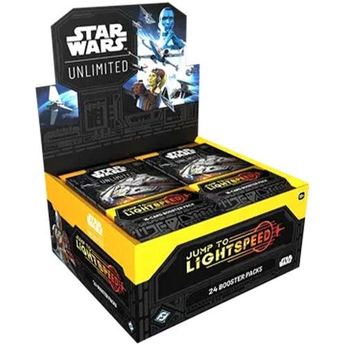 In this booster pack display for the game’s fourth set, Jump to Lightspeed, players will find 24 individually wrapped booster packs. Each pack contains 9 common cards, 3 uncommon cards, 1 rare or legendary card, 1 leader, 1 base/token, and 1 foil card.
Contents:

• 24 Jump to Lightspeed Booster Packs, each containing:

• 16 Star Wars: Unlimited Jump to Lightspeed cards
• 1 Rare or Legendary card
• 9 Common cards
• 3 Uncommon Cards
• 1 Leader Card
• 1 Base/Token
• 1 Foil Card