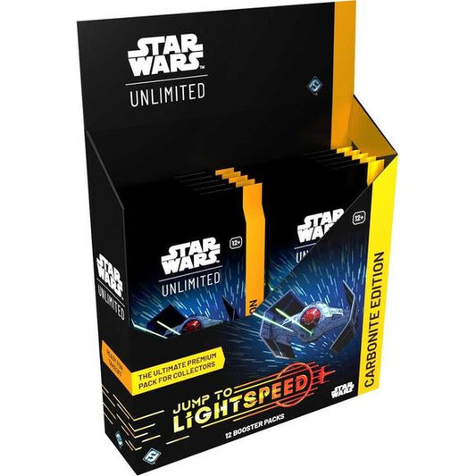 Enhance your Star Wars : Unlimited collection with special Carbonite booster packs! These special premium packs are loaded with variant cards with special aesthetic treatments, making them the perfect packs for collectors. In this Carbonite booster pack display for the game's fourth set, Jump to Lightspeed, you'll find:
12 individually wrapped Carbonite booster packs. Each pack contains approximately: 1 Hyperspace/Showcase leader card 6 premium foil cards 1 foil rare or legendary card 1 Carbonite-exclusive