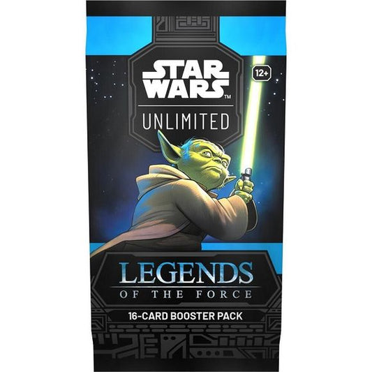 Release Date 7/11/2025
Contents:

• 16 Star Wars: Unlimited Legends of the Force cards
• 1 Rare or Legendary card
• 9 Common cards
• 3 Uncommon Cards
• 1 Leader Card
• 1 Base/Token
• 1 Foil Card