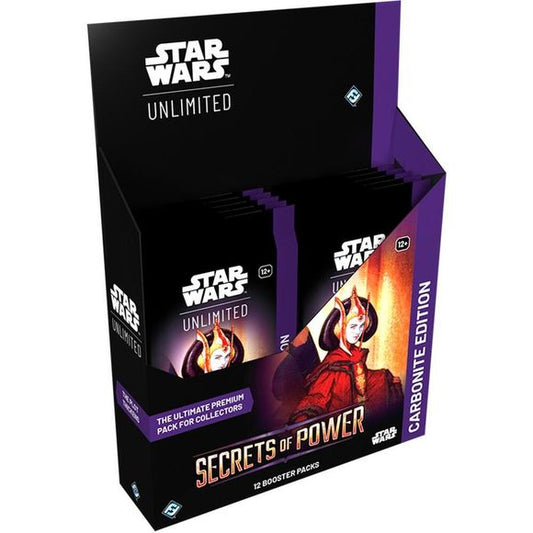 Release Date 11/7/2025

Enhance your Star Wars : Unlimited collection with special Carbonite booster packs! These special premium packs are loaded with variant cards with special aesthetic treatments, making them the perfect packs for collectors. In this Carbonite booster pack display for the game's sixth set, Secrets of Power, you'll find:
12 individually wrapped Carbonite booster packs. Each pack contains approximately:
1 Hyperspace/Showcase leader card
6 premium foil cards
1 foil rare or legendary card
1
