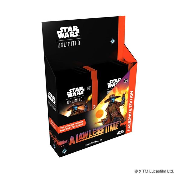 Release Date 3/13/2026

Enhance your Star Wars : Unlimited collection with special Carbonite booster packs! These special premium packs are loaded with variant cards with special aesthetic treatments, making them the perfect packs for collectors. In this Carbonite booster pack display for the game's seventh set, A Lawless Time, you'll find:
12 individually wrapped Carbonite booster packs. Each pack contains approximately:
1 Hyperspace/Showcase leader card
6 premium foil cards
1 foil rare or legendary card
1
