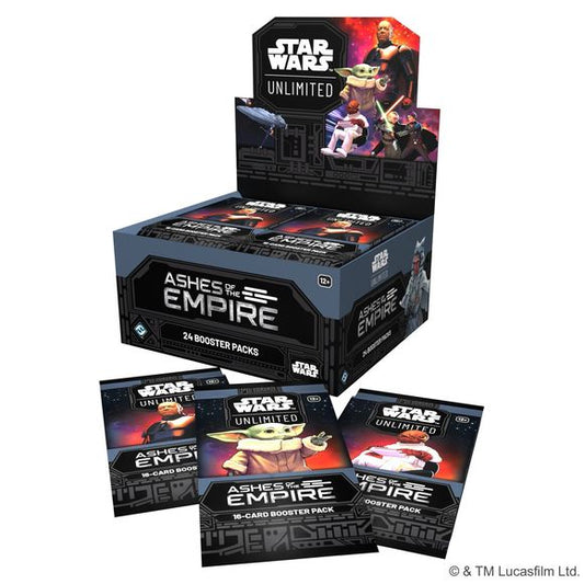 Release Date: 07/17/2026
Enter a galaxy of endless possibilities in Star Wars : Unlimited! In this fast-paced, easy-to-learn trading card game, you and your opponent face off in exciting head-to-head battles full of iconic Star Wars characters. In this booster pack display for the game's fourth set, Ashes of the Empire, you'll find 24 individually wrapped booster packs. Each pack contains 9 common cards, 3 uncommon cards, 1 rare or legendary card, 1 leader, 1 base/token, and 1 foil card. The Ashes of the Em