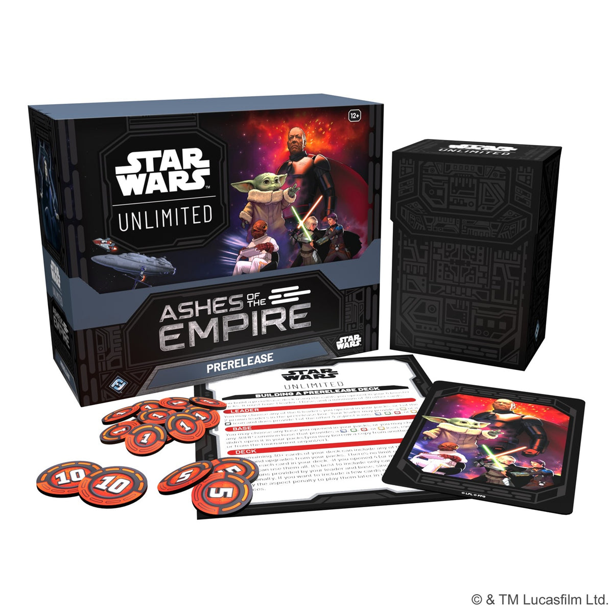 Release Date: 07/17/2026
 In this box, you will find 6 Booster Packs as well as enough tokens and materials for you to launch your journey into Star Wars: Unlimited's fourth set. The box comes with everything a player would need to participate in your store's prerelease sealed tournament, and even includes exclusive promo versions of the Boba Fett and Han Solo leader cards! Star Wars: Unlimited is a fast-paced, easy-to-learn trading card game of unlimited possibilities. The Ashes of the Empire set features