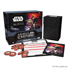 Release Date: 07/17/2026
 In this box, you will find 6 Booster Packs as well as enough tokens and materials for you to launch your journey into Star Wars: Unlimited's fourth set. The box comes with everything a player would need to participate in your store's prerelease sealed tournament, and even includes exclusive promo versions of the Boba Fett and Han Solo leader cards! Star Wars: Unlimited is a fast-paced, easy-to-learn trading card game of unlimited possibilities. The Ashes of the Empire set features
