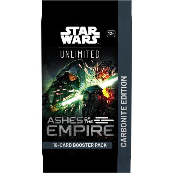 Release Date: 07/17/2026
Enhance your Star Wars : Unlimited collection with special Carbonite booster packs! These special premium packs are loaded with variant cards with special aesthetic treatments, making them the perfect packs for collectors. In this Carbonite booster pack for the game's eighth set, Ashes of the Empire, you'll find:
Each pack contains approximately:
1 Hyperspace/Showcase leader card
6 premium foil cards
1 foil rare or legendary card
1 Carbonite-exclusive Prestige card
4 Hyperspace card