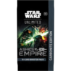 Release Date: 07/17/2026
Enhance your Star Wars : Unlimited collection with special Carbonite booster packs! These special premium packs are loaded with variant cards with special aesthetic treatments, making them the perfect packs for collectors. In this Carbonite booster pack for the game's eighth set, Ashes of the Empire, you'll find:
Each pack contains approximately:
1 Hyperspace/Showcase leader card
6 premium foil cards
1 foil rare or legendary card
1 Carbonite-exclusive Prestige card
4 Hyperspace card