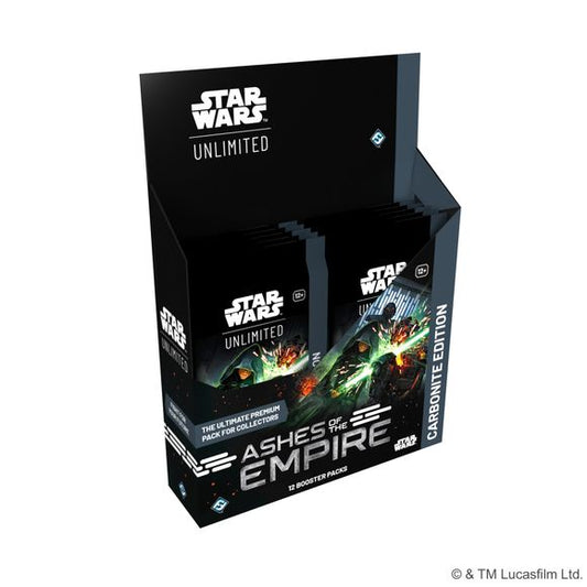 Release Date: 07/17/2026
Enhance your Star Wars : Unlimited collection with special Carbonite booster packs! These special premium packs are loaded with variant cards with special aesthetic treatments, making them the perfect packs for collectors. In this Carbonite booster pack display for the game's fourth set, Ashes of the Empire, you'll find 12 individually wrapped Carbonite booster packs. Each pack contains approximately: 1 Hyperspace/Showcase leader card, 6 premium foil cards, 1 foil rare or legendary