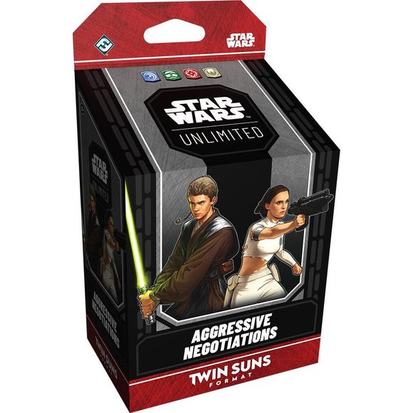 Return to the iconic Clone Wars era for epic Twin Suns clashes! In this easy-to-learn multiplayer twist on the Star Wars: Unlimited trading card game, 3 to 4 players face off in a free-for-all battle featuring beloved Star Wars characters from across the galaxy.
This Aggressive Negotiations prebuilt, 80-card Twin Suns deck can be used to jump-start your Star Wars: Unlimited multiplayer adventure. This deck features Anakin Skywalker and Padmé Amidala as your leaders.
Each deck features exclusive leaders, uni