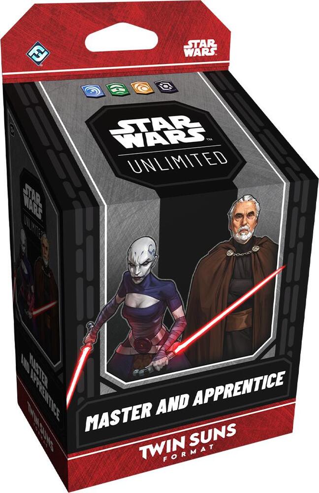 Return to the iconic Clone Wars era for epic Twin Suns clashes! In this easy-to-learn multiplayer twist on the Star Wars: Unlimited trading card game, 3 to 4 players face off in a free-for-all battle featuring beloved Star Wars characters from across the galaxy.
This Master and Apprentice prebuilt, 80-card Twin Suns deck can be used to jump-start your Star Wars: Unlimited multiplayer adventure. This deck features Count Dooku and Asajj Ventress as your leaders.
Each deck features exclusive leaders, units, ev
