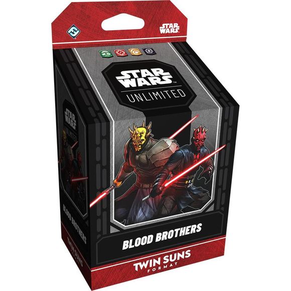 Return to the iconic Clone Wars era for epic Twin Suns clashes! In this easy-to-learn multiplayer twist on the Star Wars: Unlimited trading card game, 3 to 4 players face off in a free-for-all battle featuring beloved Star Wars characters from across the galaxy.
This Blood Brothers prebuilt, 80-card Twin Suns deck can be used to jump-start your Star Wars: Unlimited multiplayer adventure. This deck features Maul and Savage Opress as your leaders.
Each deck features exclusive leaders, units, events, upgrades,