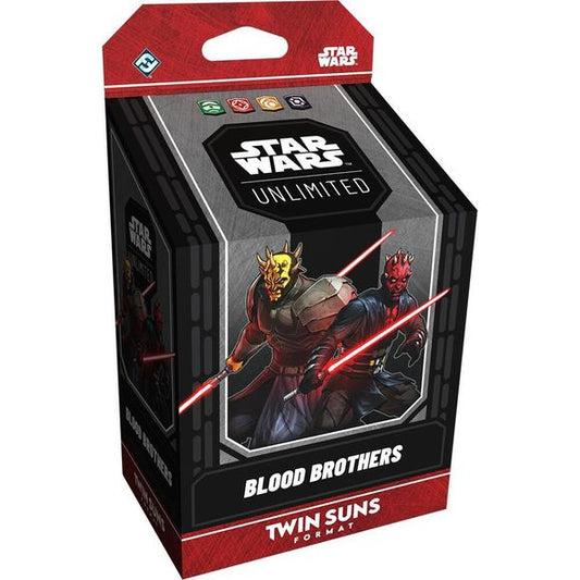 Return to the iconic Clone Wars era for epic Twin Suns clashes! In this easy-to-learn multiplayer twist on the Star Wars: Unlimited trading card game, 3 to 4 players face off in a free-for-all battle featuring beloved Star Wars characters from across the galaxy.
This Blood Brothers prebuilt, 80-card Twin Suns deck can be used to jump-start your Star Wars: Unlimited multiplayer adventure. This deck features Maul and Savage Opress as your leaders.
Each deck features exclusive leaders, units, events, upgrades,