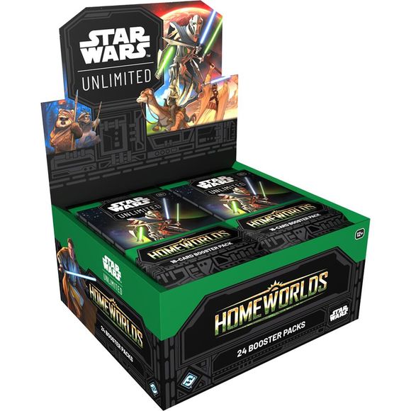Enter a galaxy of endless possibilities in Star Wars : Unlimited! In this fast-paced, easy-to-learn trading card game, you and your opponent face off in exciting head-to-head battles full of iconic Star Wars characters.
In this booster pack display for the game's latest set, Homeworlds, you'll find 24 individually wrapped booster packs. The Homeworlds set features characters and content from across multiple eras of the Star Wars galaxy, with a heavy focus on alien cultures and the invading armies they defen