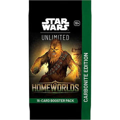 Enhance your Star Wars : Unlimited collection with special Carbonite booster packs! These special premium packs are loaded with variant cards with special aesthetic treatments, making them the perfect packs for collectors. In this Carbonite booster pack for the game's eighth set, Homeworlds, you'll find:

1 Hyperspace/Showcase leader card
6 premium foil cards
1 foil rare or legendary card
1 Carbonite-exclusive Prestige card
4 Hyperspace cards
1 Hyperspace rare or legendary card
2 Hyperspace foil cards.

The