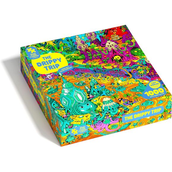 The Drippy Trip is a brand new 1000-piece jigsaw puzzle that does a magic trick when you finish it. Beautiful, original artwork full of tiny details, including over 50 easter eggs to discover as you solve the puzzle. Mind-blowing magical ending: we’re using ideas from visual illusions and magic to make this the most interesting puzzle you’ve ever solved. NO puzzle dust! NO single-use plastic! NO stock images or AI-generated art!