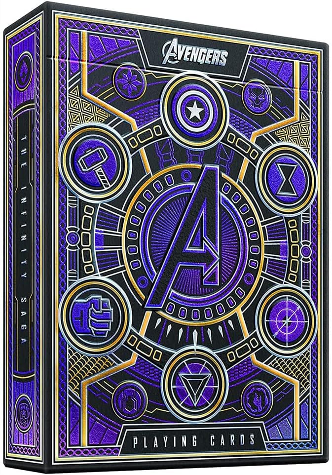 THE INFINITY SAGA IN YOUR HAND. The outer packaging is simply jaw-dropping. The radiant, purple foil shimmers and glows like the reality stone at every angle. Complete with gold foil accents and precise embossing, the ultra-lux outer packaging is truly representative of the legendary Infinity Saga.
INSIDE AND OUT COMPLETE CUSTOM ARTWORK. AVENGERS: Infinity Saga playing cards feature completely custom artwork in every aspect of the design, with the Aces, Jokers, box design, and court cards inspired directly