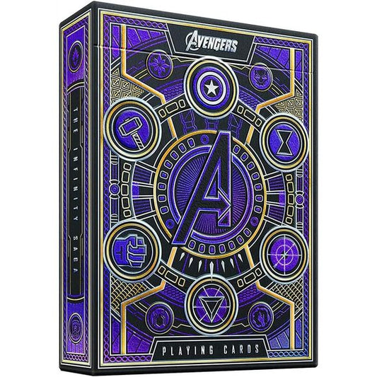 THE INFINITY SAGA IN YOUR HAND. The outer packaging is simply jaw-dropping. The radiant, purple foil shimmers and glows like the reality stone at every angle. Complete with gold foil accents and precise embossing, the ultra-lux outer packaging is truly representative of the legendary Infinity Saga.
INSIDE AND OUT COMPLETE CUSTOM ARTWORK. AVENGERS: Infinity Saga playing cards feature completely custom artwork in every aspect of the design, with the Aces, Jokers, box design, and court cards inspired directly