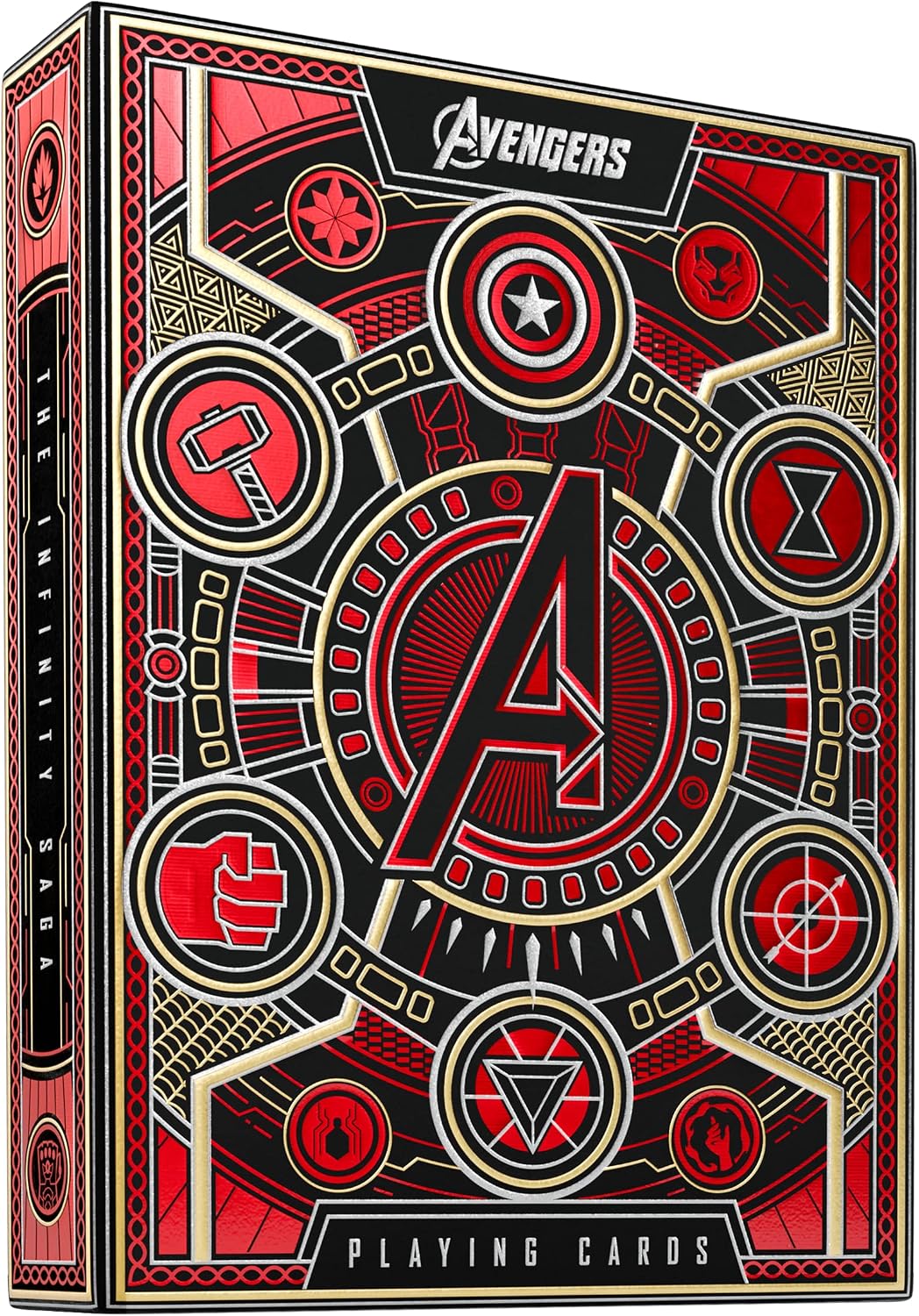 THE INFINITY SAGA IN YOUR HAND. The outer packaging is simply jaw-dropping. The radiant, red foil shimmers and glows like the reality stone at every angle. Complete with gold foil accents and precise embossing, the ultra-lux outer packaging is truly representative of the legendary Infinity Saga.
INSIDE AND OUT COMPLETE CUSTOM ARTWORK. AVENGERS: Infinity Saga playing cards feature completely custom artwork in every aspect of the design, with the Aces, Jokers, box design, and court cards inspired directly by