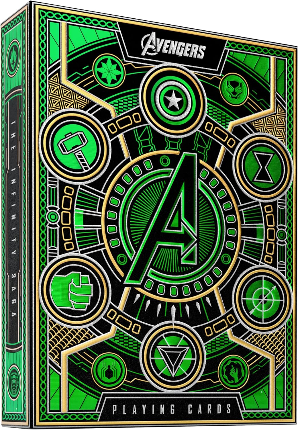 THE INFINITY SAGA IN YOUR HAND. The outer packaging is simply jaw-dropping. The radiant, green foil shimmers and glows like the reality stone at every angle. Complete with gold foil accents and precise embossing, the ultra-lux outer packaging is truly representative of the legendary Infinity Saga.
INSIDE AND OUT COMPLETE CUSTOM ARTWORK. AVENGERS: Infinity Saga playing cards feature completely custom artwork in every aspect of the design, with the Aces, Jokers, box design, and court cards inspired directly b