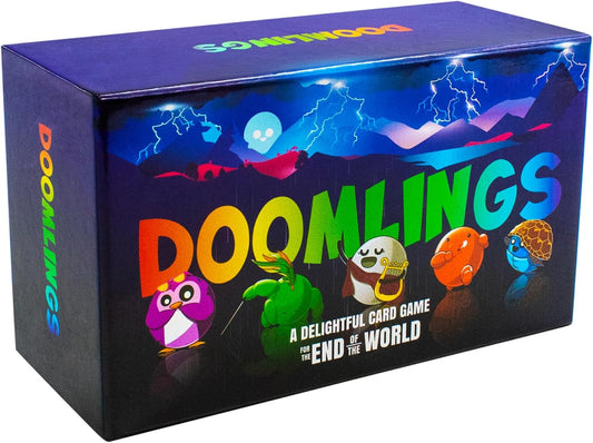 Doomlings is a funny, lightweight card game that takes 5 minutes to learn, 20-45 minutes to play, and is suitable for 2-6 players ages 10 and up.

Play traits for points over multiple rounds, called ages and catastrophes. Win by having the highest score before the third and final catastrophe brings about the end of the world.