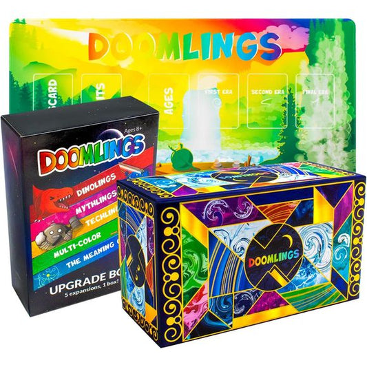 DELUXE BUNDLE INCLUDES: 

☼ Doomlings Base Game - 167 Cards from the Doomlings Classic game! 

☼ Doomlings: Upgrade Expansion - A 81-card multi-expansion set that adds tons of traits and ages from the distant past and future of Enderas to the game. 

Multi-Color Expansion - These unique cards count as multiple colors, leading to extra bonuses!
Dinolings Expansion - For those interested in adding a little Jurassic flavor to the game.
Mythlings Expansion - A fantasy-themed addition that focuses on mischief an