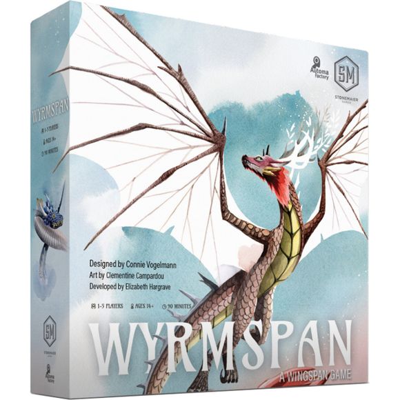 You are an amateur dracologist in the world of Wyrmspan, a place where dragons of all shapes, sizes, and colors roam the skies. Excavate a hidden labyrinth you recently unearthed on your land and entice these beautiful creatures to roost in the sanctuary of your caves.

During a game of Wyrmspan, you will build a sanctuary for dragons of all shapes and sizes. Your sanctuary begins with 3 excavated spaces—the leftmost space in your Crimson Cavern, your Golden Grotto, and your Amethyst Abyss. Over the course