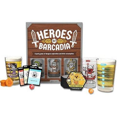 Heroes of Barcadia! This box contains everything you need to play the game (except drinks), including a set of SIX high-quality (and dishwasher safe!) health bar cups, and water-proof dungeon tiles. Build out your dungeon, fight monsters, and collect Power-Ups to advance your abilities. Nice Guys finish last in this fast-paced, ever-changing, pun-tastic party game for everyone! Game Contents: 6 Health Bar Cups, 6 Custom Molded D20 Dice, 57 Waterproof Dungeon Room Tiles, 75 Loot Cards, 25 Power-Ups, 16 Trap