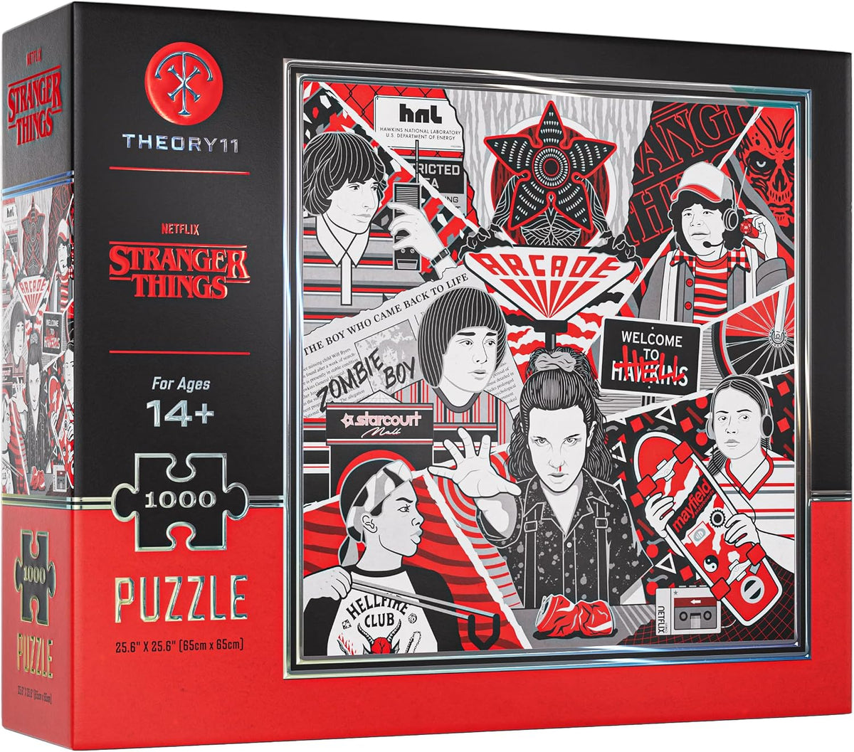 PREMIUM JIGSAW PUZZLE: A premium jigsaw puzzle inspired by the hit Netflix series, with a multi-dimensional twist!
ENTER THE UPSIDE DOWN, PIECE BY PIECE: Adapting fully custom artwork from our best-selling Stranger Things Playing Cards, this 1,000 piece jigsaw puzzle brings the iconic characters and references from the series to life in vivid detail. The puzzle pieces themselves feature a mix of holographic red and silver foil, and arrive nestled inside a premium carrying pouch.
A MULTI-DIMENSIONAL EXPERIEN