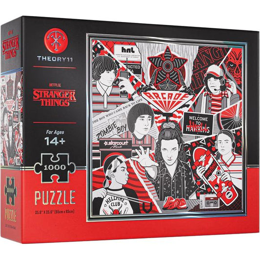 PREMIUM JIGSAW PUZZLE: A premium jigsaw puzzle inspired by the hit Netflix series, with a multi-dimensional twist!
ENTER THE UPSIDE DOWN, PIECE BY PIECE: Adapting fully custom artwork from our best-selling Stranger Things Playing Cards, this 1,000 piece jigsaw puzzle brings the iconic characters and references from the series to life in vivid detail. The puzzle pieces themselves feature a mix of holographic red and silver foil, and arrive nestled inside a premium carrying pouch.
A MULTI-DIMENSIONAL EXPERIEN