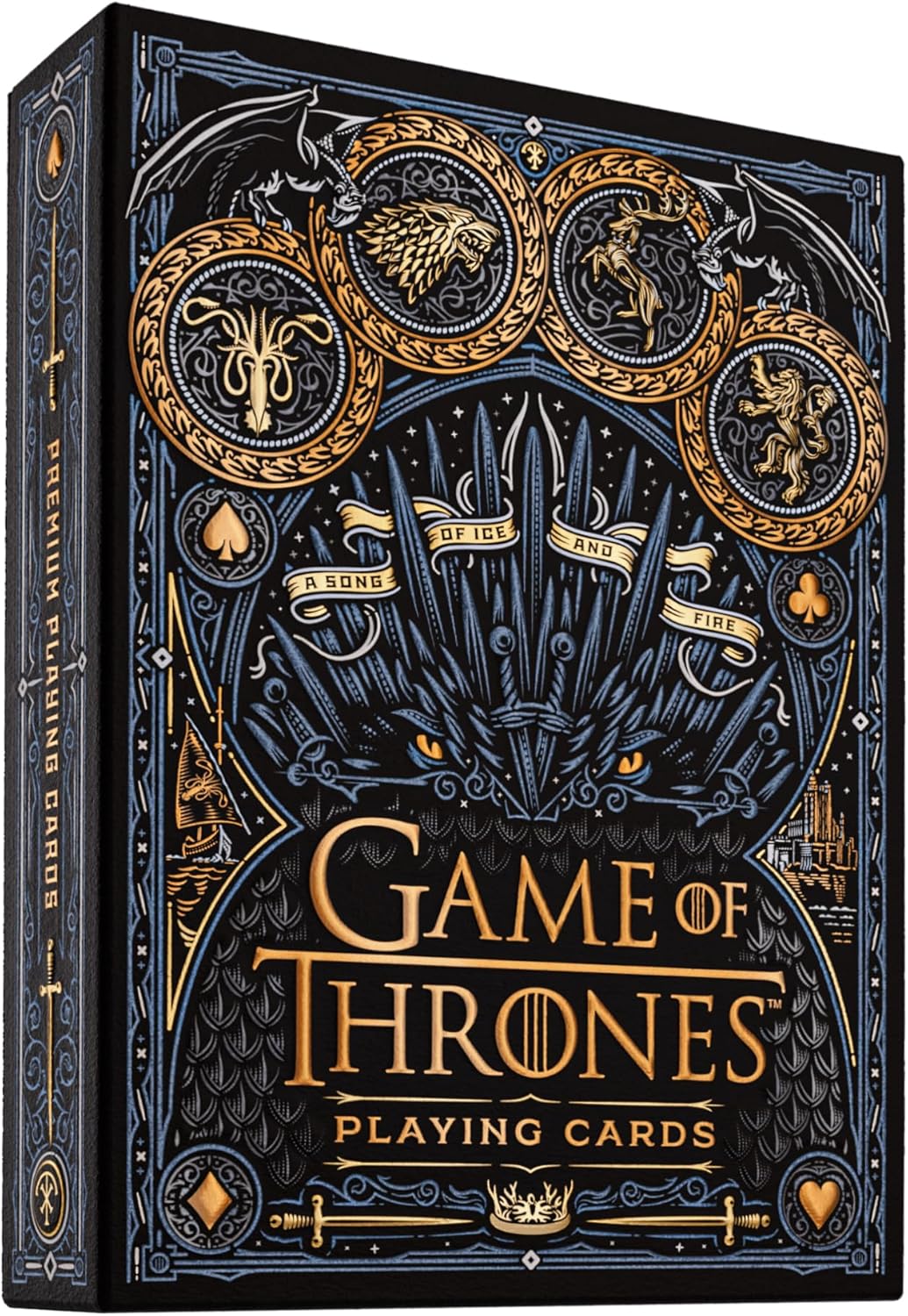 THE IRON THRONE: Are you worthy? Premium playing cards inspired by the legendary HBO television series.
WIN OR DIE: Featuring a lavish blend of bronze, gold, ice blue, and iron foil details, along with premium textured embossing, it’s like each deck sings a song of ice and fire. Take a journey through Westeros and the Seven Kingdoms!
WINTER IS COMING: Forge your path through Westeros with Jon Snow, Daenerys Targaryen, Arya and Sansa Stark, Cersei and Jamie Lannister, The Night King, and all of your favorite