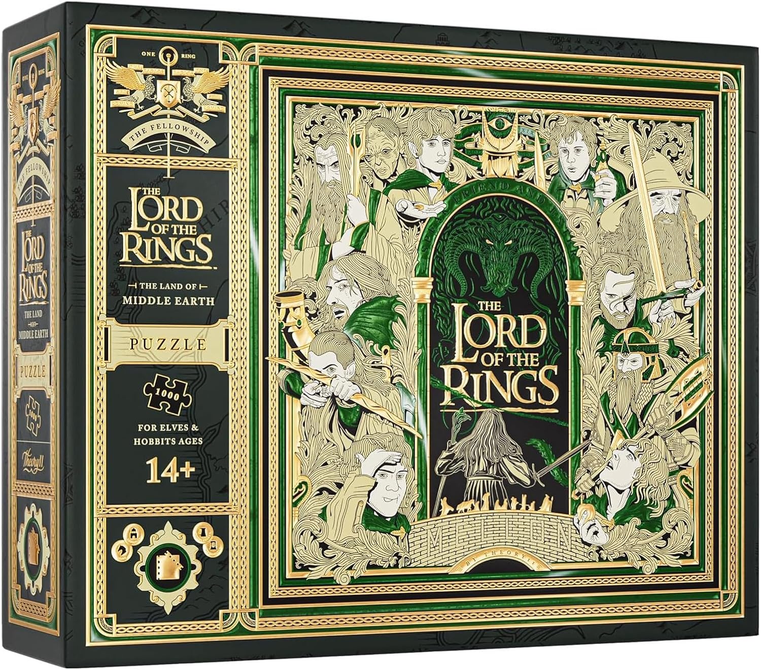 ONE PUZZLE TO RULE THEM ALL: Journey into Middle-earth with this premium jigsaw puzzle, featuring a multi-dimensional twist!
THE LAND OF MIDDLE-EARTH, PIECE BY PIECE: Adapting fully custom artwork from our best-selling Lord of the Rings Playing Cards, this 1,000 piece jigsaw puzzle brings the iconic characters and references from the series to life in vivid detail. The puzzle pieces themselves feature a mix of elegant gold and green foil, and arrive nestled inside a premium carrying pouch.
A MULTI-DIMENSION