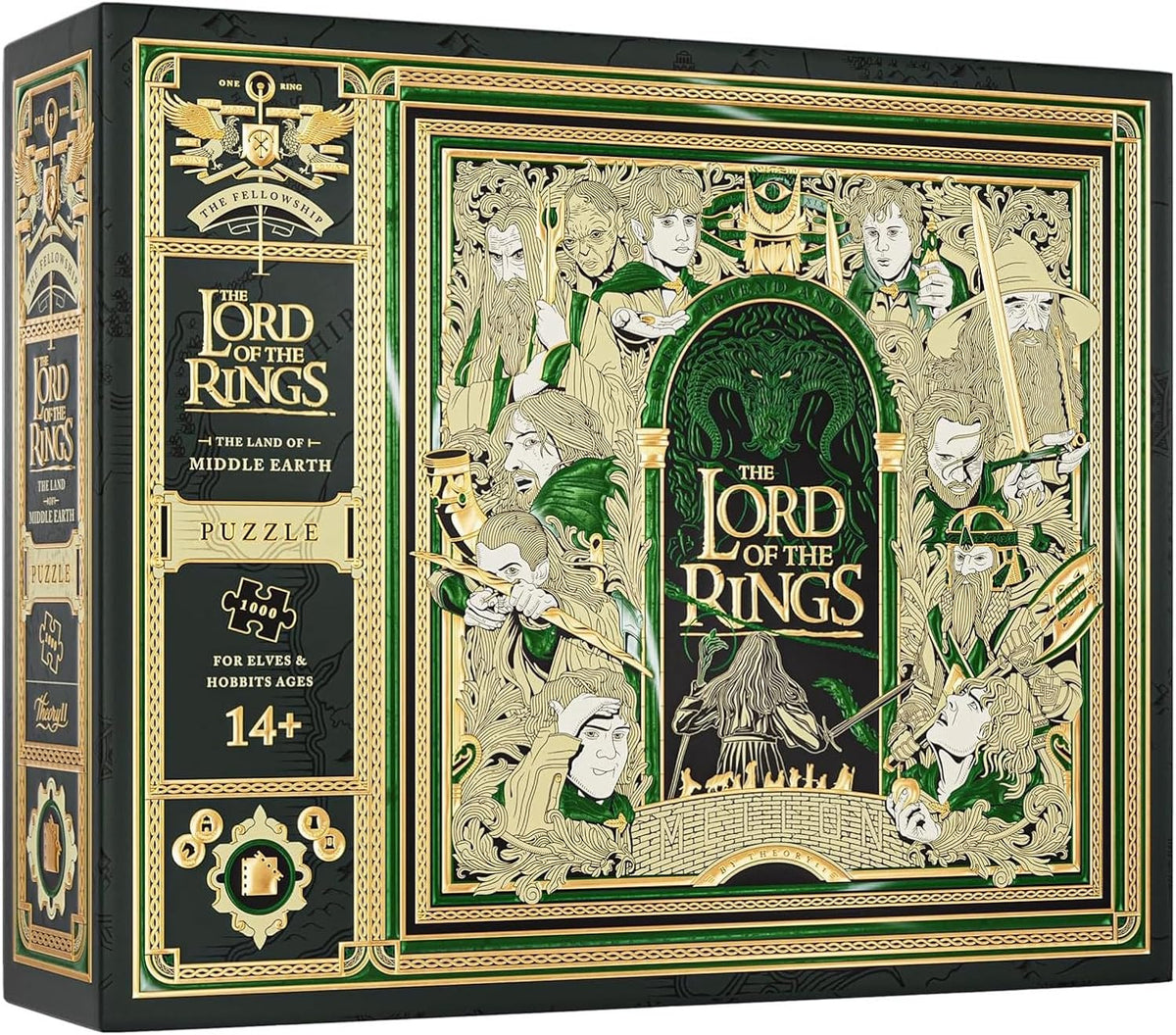 ONE PUZZLE TO RULE THEM ALL: Journey into Middle-earth with this premium jigsaw puzzle, featuring a multi-dimensional twist!
THE LAND OF MIDDLE-EARTH, PIECE BY PIECE: Adapting fully custom artwork from our best-selling Lord of the Rings Playing Cards, this 1,000 piece jigsaw puzzle brings the iconic characters and references from the series to life in vivid detail. The puzzle pieces themselves feature a mix of elegant gold and green foil, and arrive nestled inside a premium carrying pouch.
A MULTI-DIMENSION