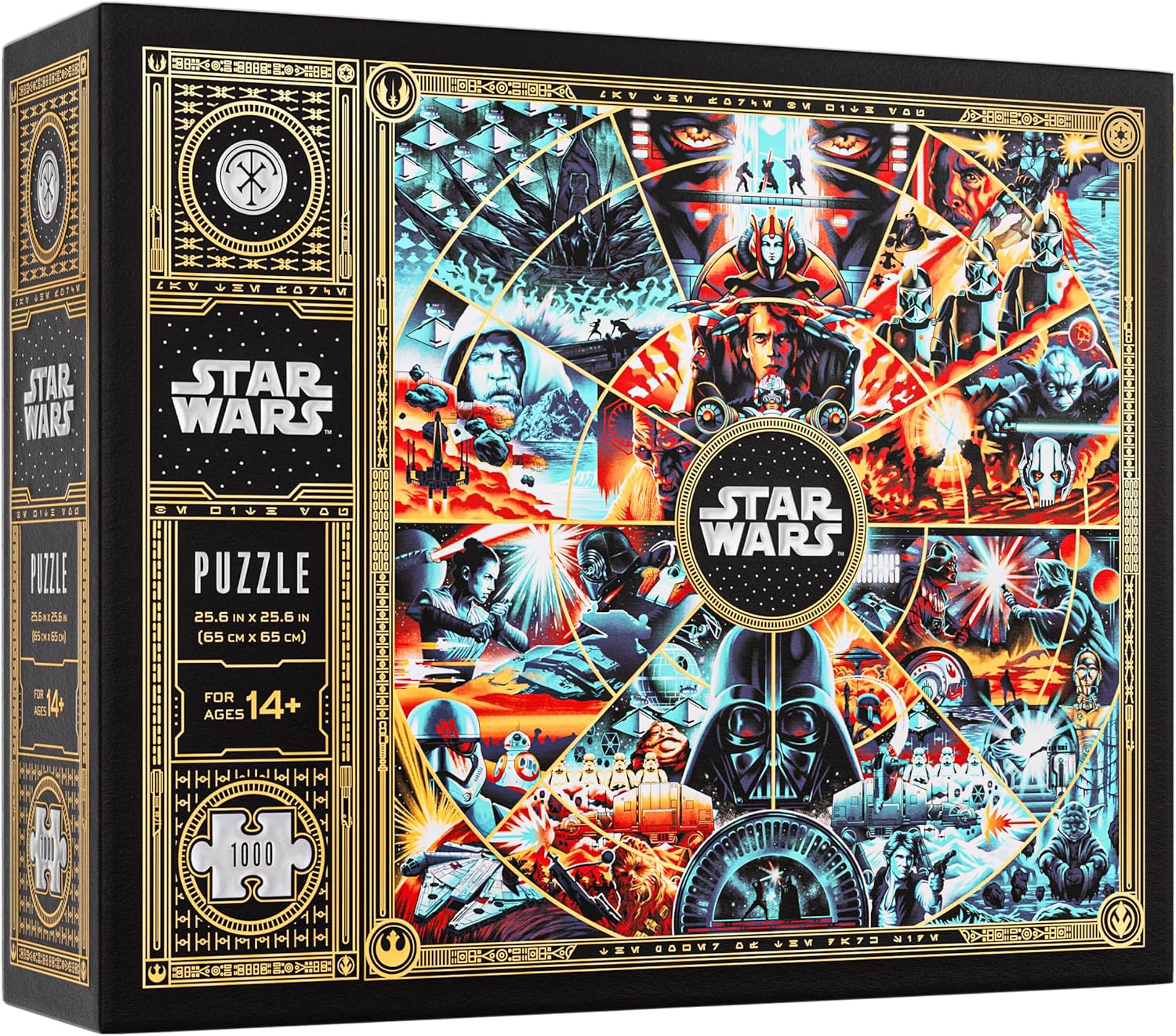1,000-PIECE STAR WARS PUZZLE – Features characters and moments from across the Skywalker Saga, including the Jedi, Sith, and everything in between. Produced in collaboration with Lucasfilm Ltd
GOLD FOIL ACCENTS ON EVERY PIECE – Each of the 1,000 pieces features gold foil detailing, giving the finished puzzle a distinct look that sets it apart from standard jigsaws.
HIDDEN EXPERIENCE UNLOCKED AFTER COMPLETION – Once the puzzle is complete, a multi-dimensional experience is revealed — an interactive layer tha