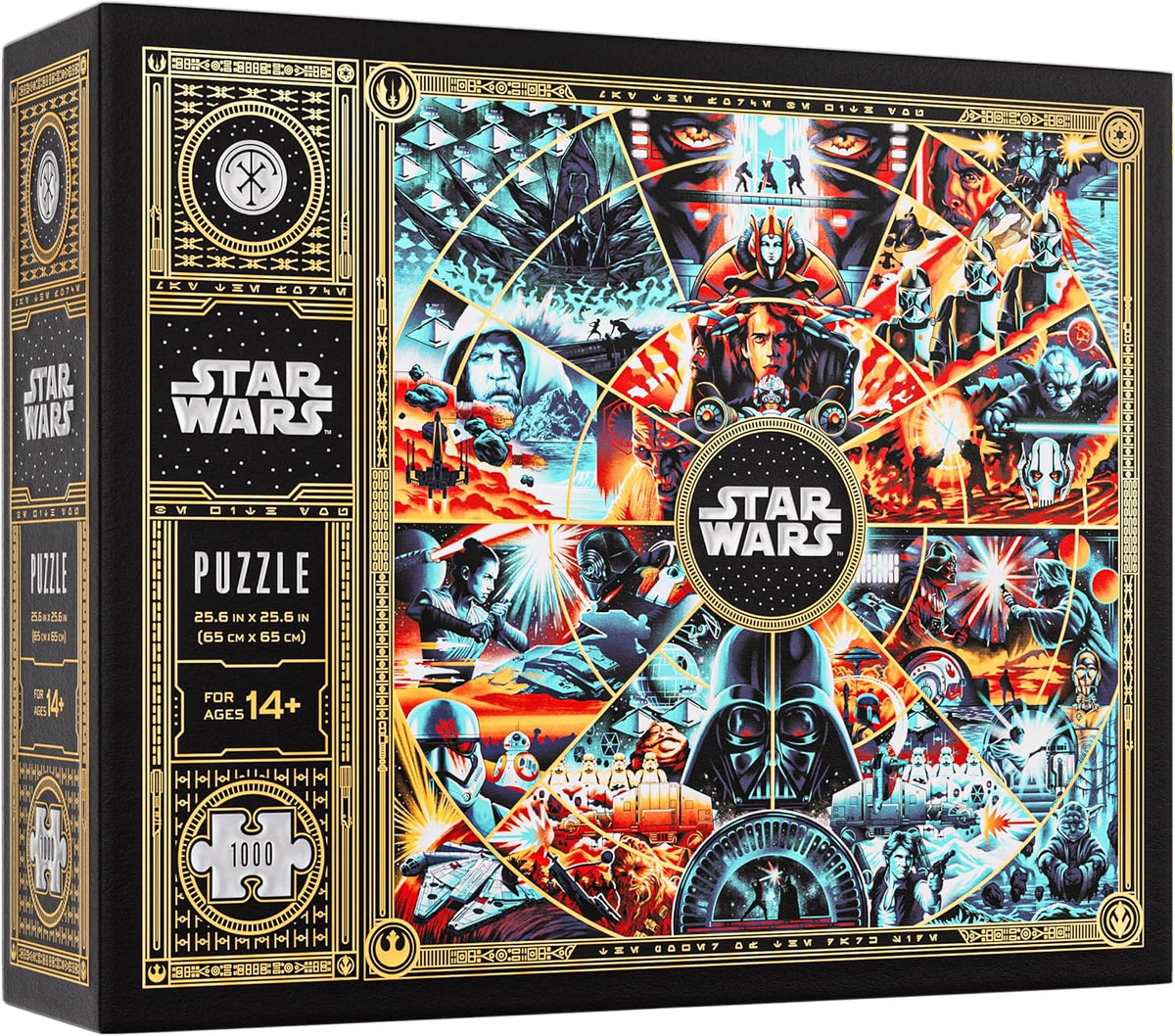 1,000-PIECE STAR WARS PUZZLE – Features characters and moments from across the Skywalker Saga, including the Jedi, Sith, and everything in between. Produced in collaboration with Lucasfilm Ltd
GOLD FOIL ACCENTS ON EVERY PIECE – Each of the 1,000 pieces features gold foil detailing, giving the finished puzzle a distinct look that sets it apart from standard jigsaws.
HIDDEN EXPERIENCE UNLOCKED AFTER COMPLETION – Once the puzzle is complete, a multi-dimensional experience is revealed — an interactive layer tha