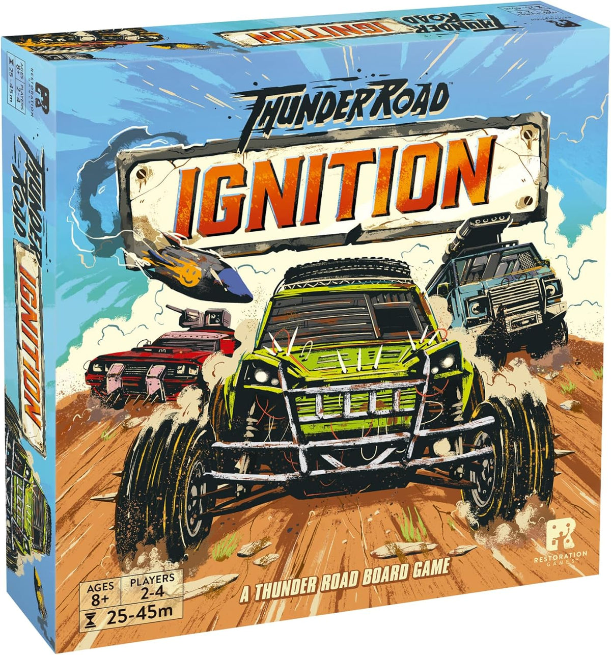 Thunder Road: Ignition is a standalone game that uses the core game system from Thunder Road: Vendetta with tweaks to provide a familiar yet new, streamlined play experience.

Ignition features shorter road boards, new rubble terrain, barricades, and curved roads!

Ignition can also be used as an expansion to Thunder Road: Vendetta.