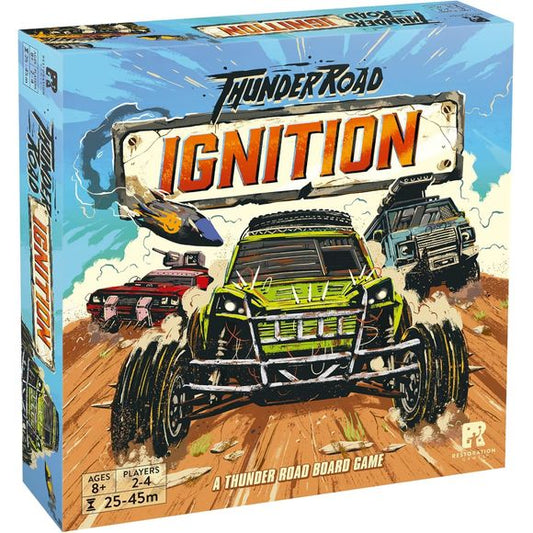 Thunder Road: Ignition is a standalone game that uses the core game system from Thunder Road: Vendetta with tweaks to provide a familiar yet new, streamlined play experience.

Ignition features shorter road boards, new rubble terrain, barricades, and curved roads!

Ignition can also be used as an expansion to Thunder Road: Vendetta.