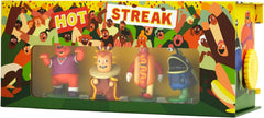 Hot Streak is a game about betting and racing and SCREAMING!!!!!!! You’re all hard luck gamblers betting on the world’s most off-brand mascots. And unlike most racing games, the races never stops for you to make any decisions. All your sneaky strategizing is done beforehand, so everyone can just sit back, cheer, boo, and scream at a hot dog man.

Comes with 4 chunky mascot figures and a ridiculously long pull-out racetrack.

Contents:

Four Mascot figures
1 pull-out racetrack
1 rulebook
100 dollar bills
18