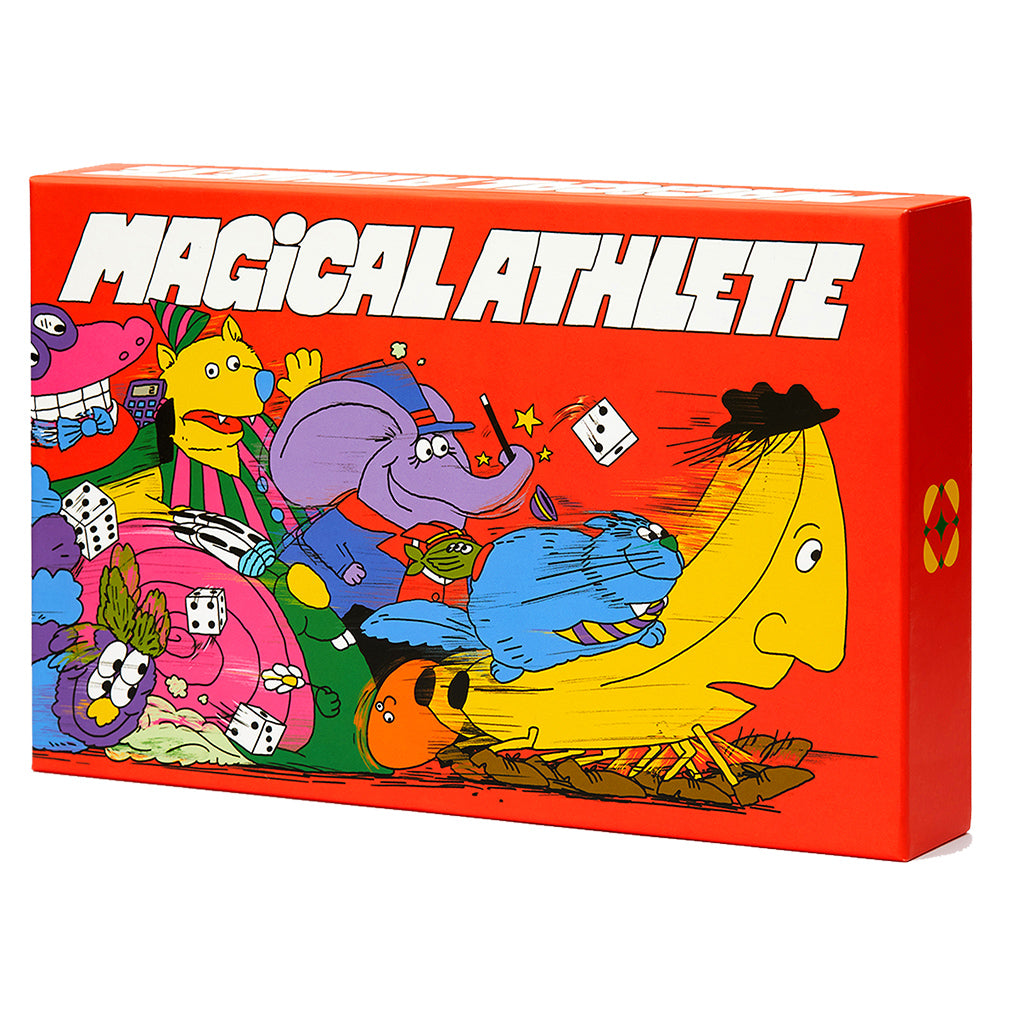 Magical Athlete is a racing game of pure chaos! Roll a die and move your racer that many spaces. But! All of the racers have wacky, game-breaking abilities. Compete over four races and whoever has the most points wins!

A Japanese cult classic, that uses many traditional game mechanics - like roll & move or losing a turn
Updated with new racer powers and rules by Richard Garfield
You'll feel like you built a powerful team of racers that let you skip over the spaces occupied by other players or can reroll th