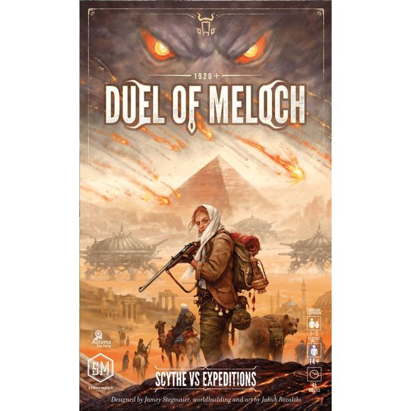 Duel of Meloch is a standalone game that combines mechanisms from two existing games, Scythe and Expeditions, into a 45-minute head-to-head clash. One player uses Scythe rules and components (including a new faction and player mat); the other player uses Expedition rules and components (including a new mech, character, and companion). As long as you know one of those games and your opponent knows the other, you can play Duel of Meloch, and you don’t need anything other than Duel of Meloch to play this game.
