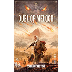 Duel of Meloch is a standalone game that combines mechanisms from two existing games, Scythe and Expeditions, into a 45-minute head-to-head clash. One player uses Scythe rules and components (including a new faction and player mat); the other player uses Expedition rules and components (including a new mech, character, and companion). As long as you know one of those games and your opponent knows the other, you can play Duel of Meloch, and you don’t need anything other than Duel of Meloch to play this game.