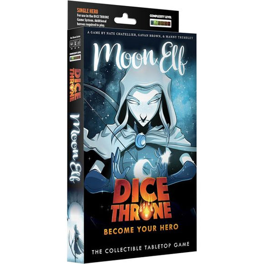 The Moon Elf enters the Mad King’s arena, guided by the light of the moon. From the shadows of the forest vale, she draws quiet power and deadly focus. With a giant longbow in hand and moonlit precision in every shot, her exploding arrows pierce even the toughest armor as foes fall before they ever close the distance.

Dice Throne is a fast-playing game of skilled card play and dice manipulation for 2–6 players. Roll your hero’s custom dice up to three times per turn to activate unique abilities, unleash at
