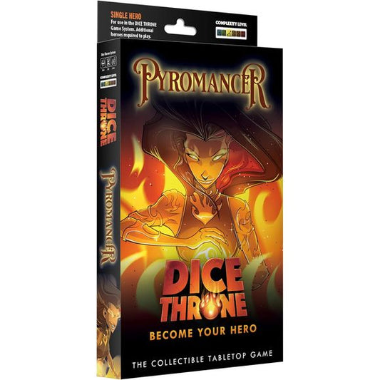 The Pyromancer enters the Mad King’s arena, bringing swift, scorching destruction in her wake. Restraint is not in her nature, only fire, explosions, and overwhelming force. A true glass cannon, she incinerates her enemies with relentless blazing attacks, turning even the fiercest foes to ash.

Dice Throne is a fast-playing game of skilled card play and dice manipulation for 2–6 players. Roll your hero’s custom dice up to three times per turn to activate unique abilities, unleash attacks, and outplay oppone
